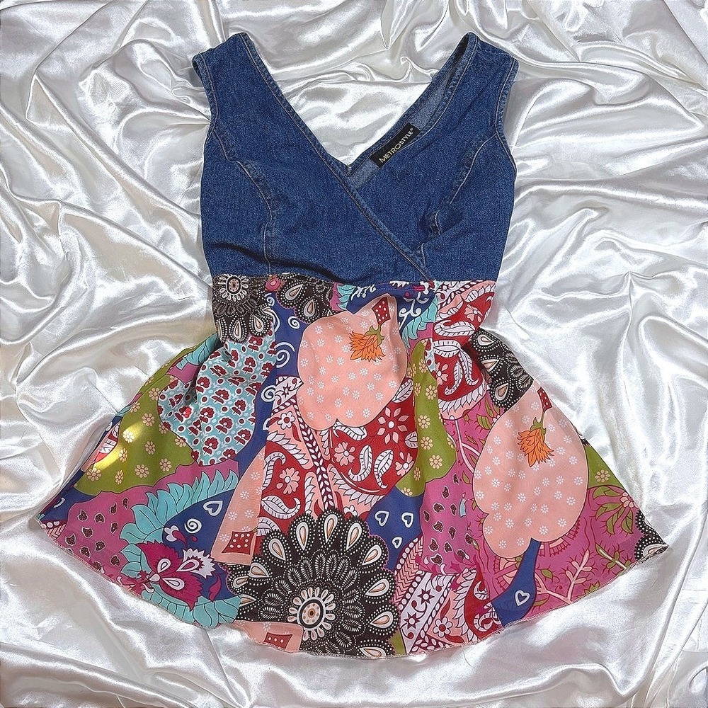 y2k Babydoll Top Blue Excellent Metrostyle Denim Paisley Patchwork Empire Waist